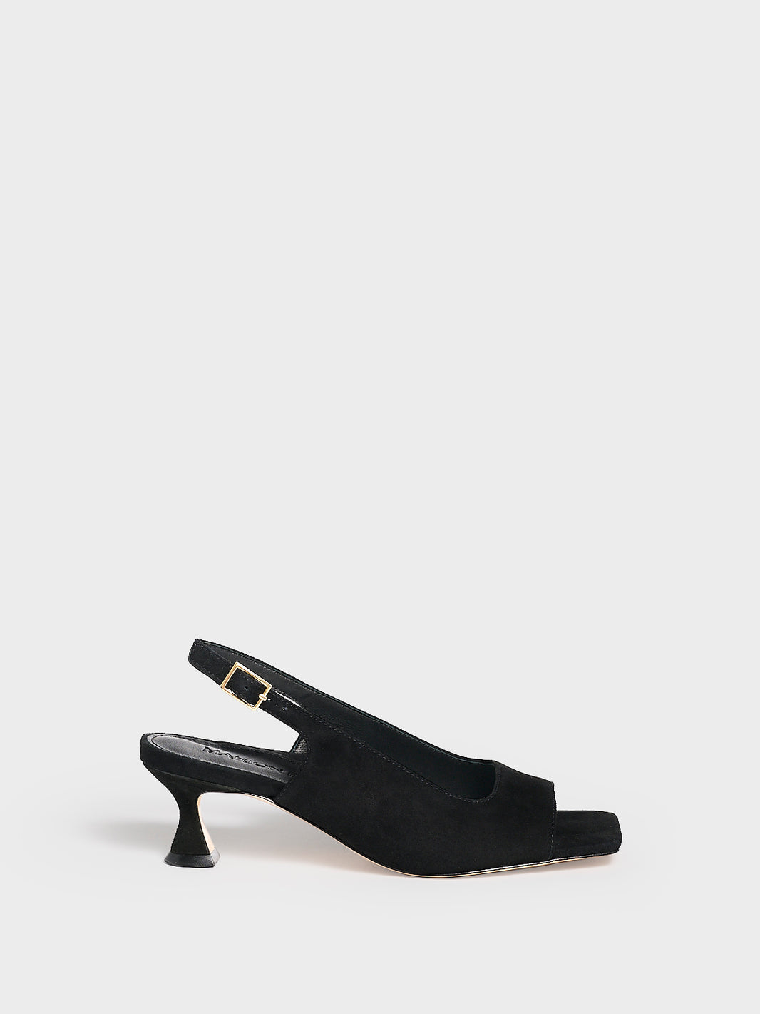 Profile view of a black suede slingback sandal with a flared kitten heel and square toe detail.