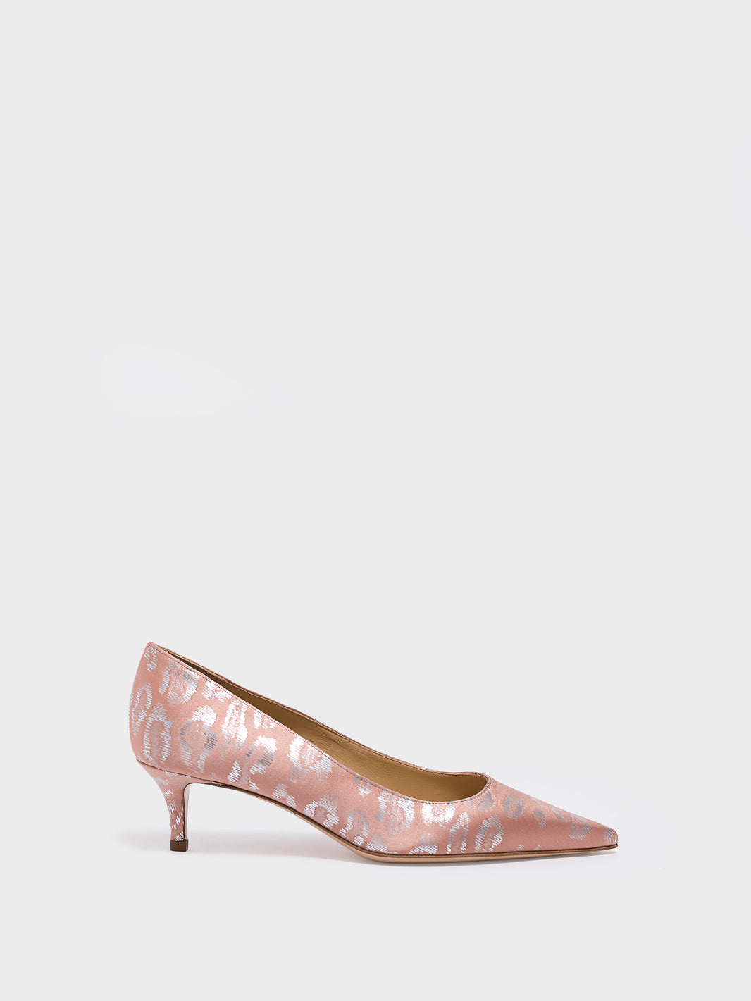 Profile view of a blush leopard silk kitten stiletto heel pump with a pointed toe.