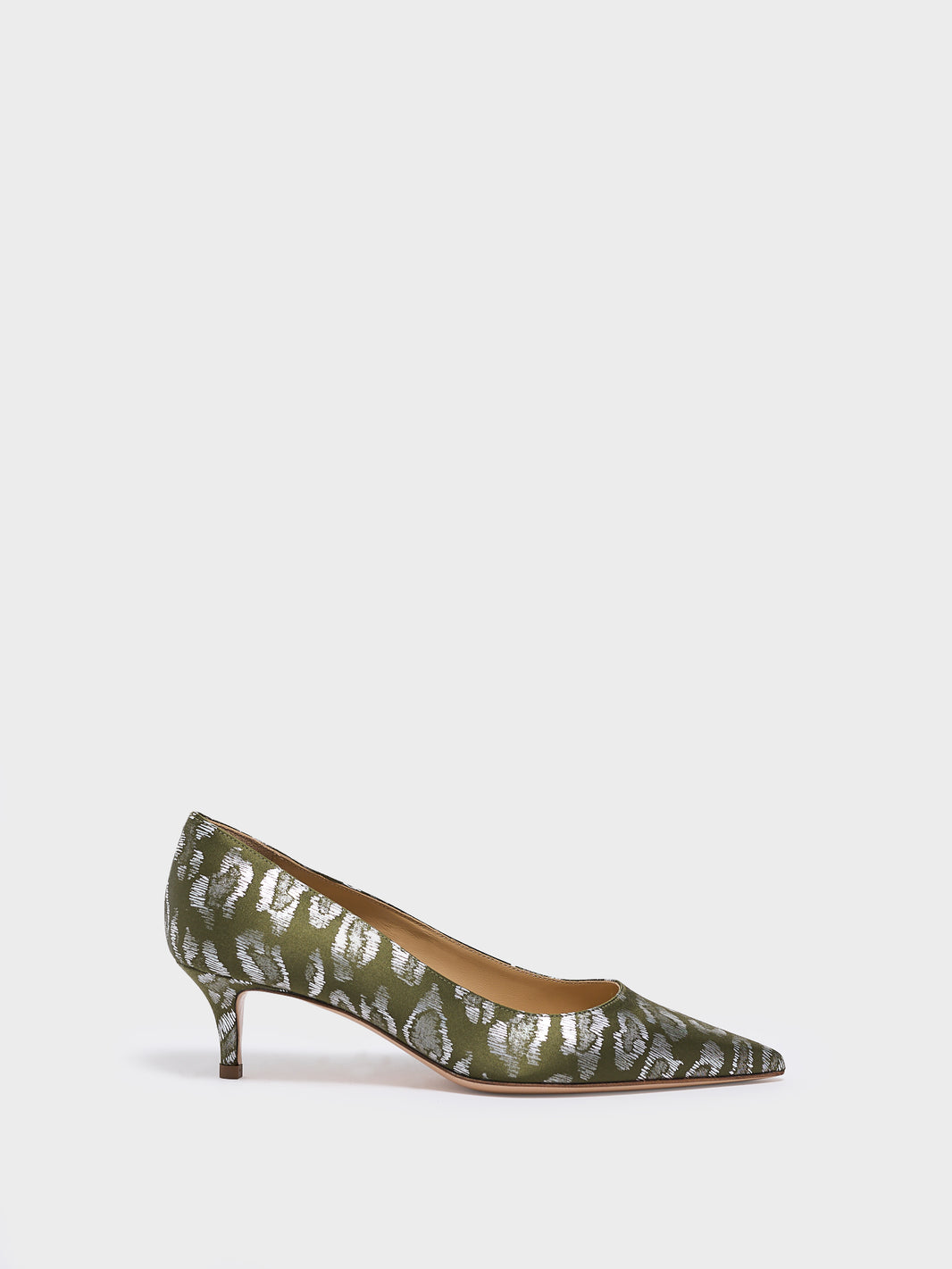 Profile view of a olive green leopard silk kitten stiletto heel pump with a pointed toe.