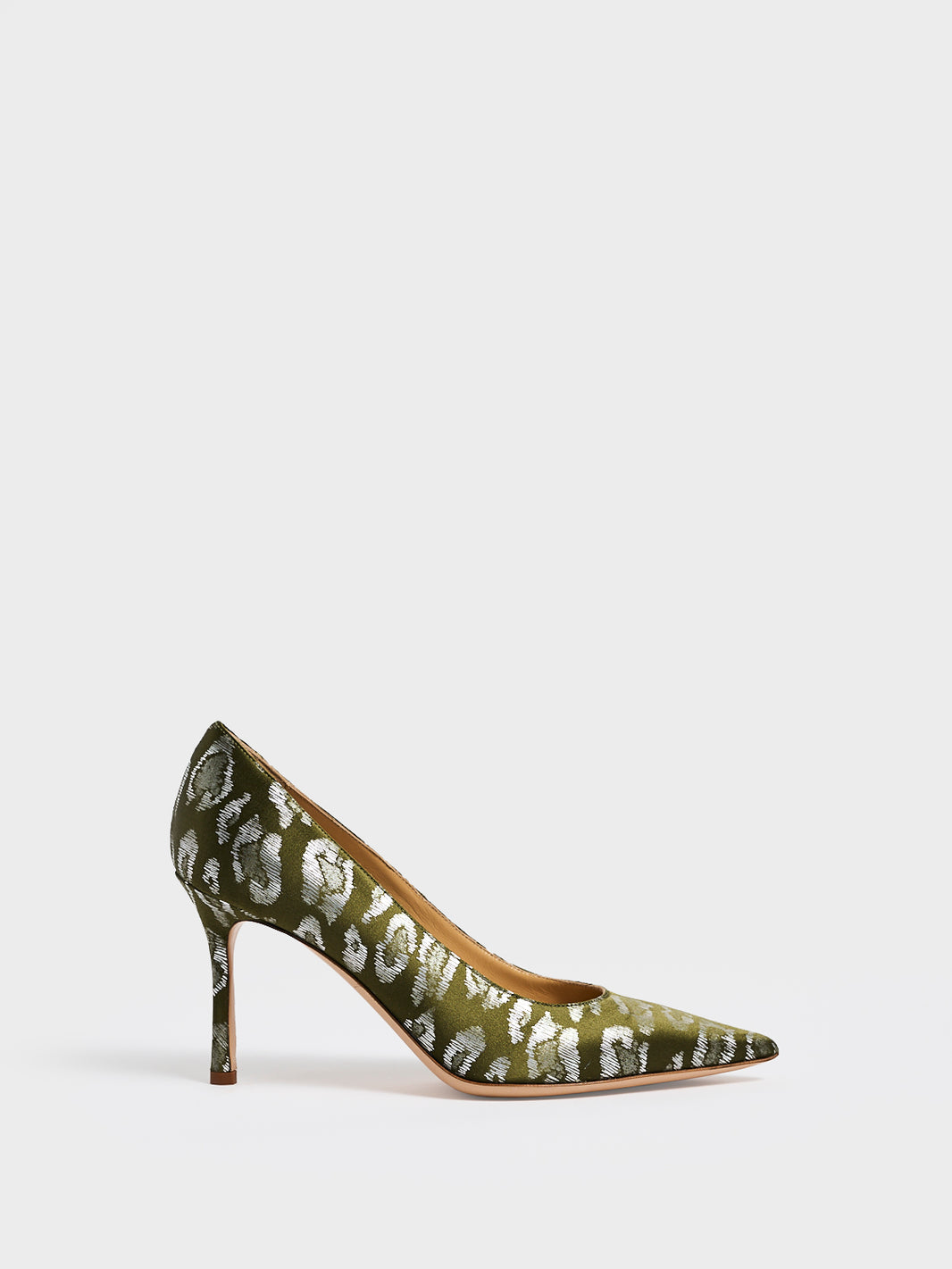 Profile view of a olive green leopard silk high stiletto heel pump with a pointed toe.