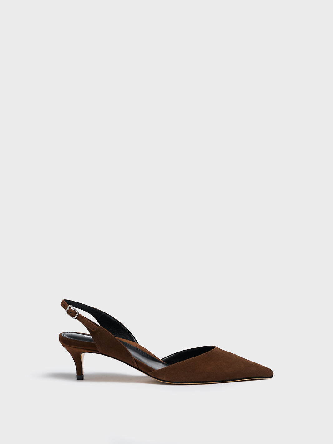 Profile view of a mocha brown suede kitten heel slingback with a pointed toe.