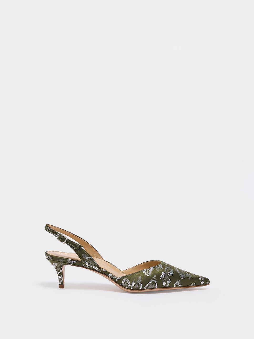 Profile view of a olive green leopard silk slingback kitten heel with a pointed toe