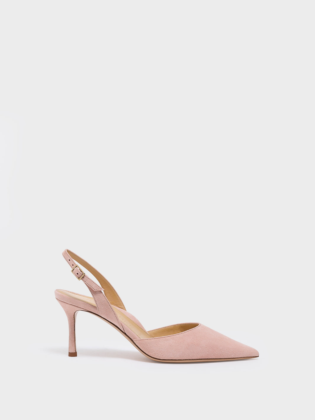 Profile view of a powder suede slingback  heel with a pointed toe.