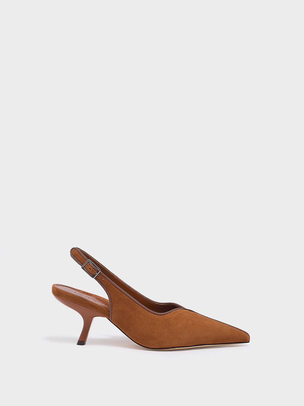 Profile view of a chestnut suede slingback kitten heel with a grosgrain trim and angled heel detail.